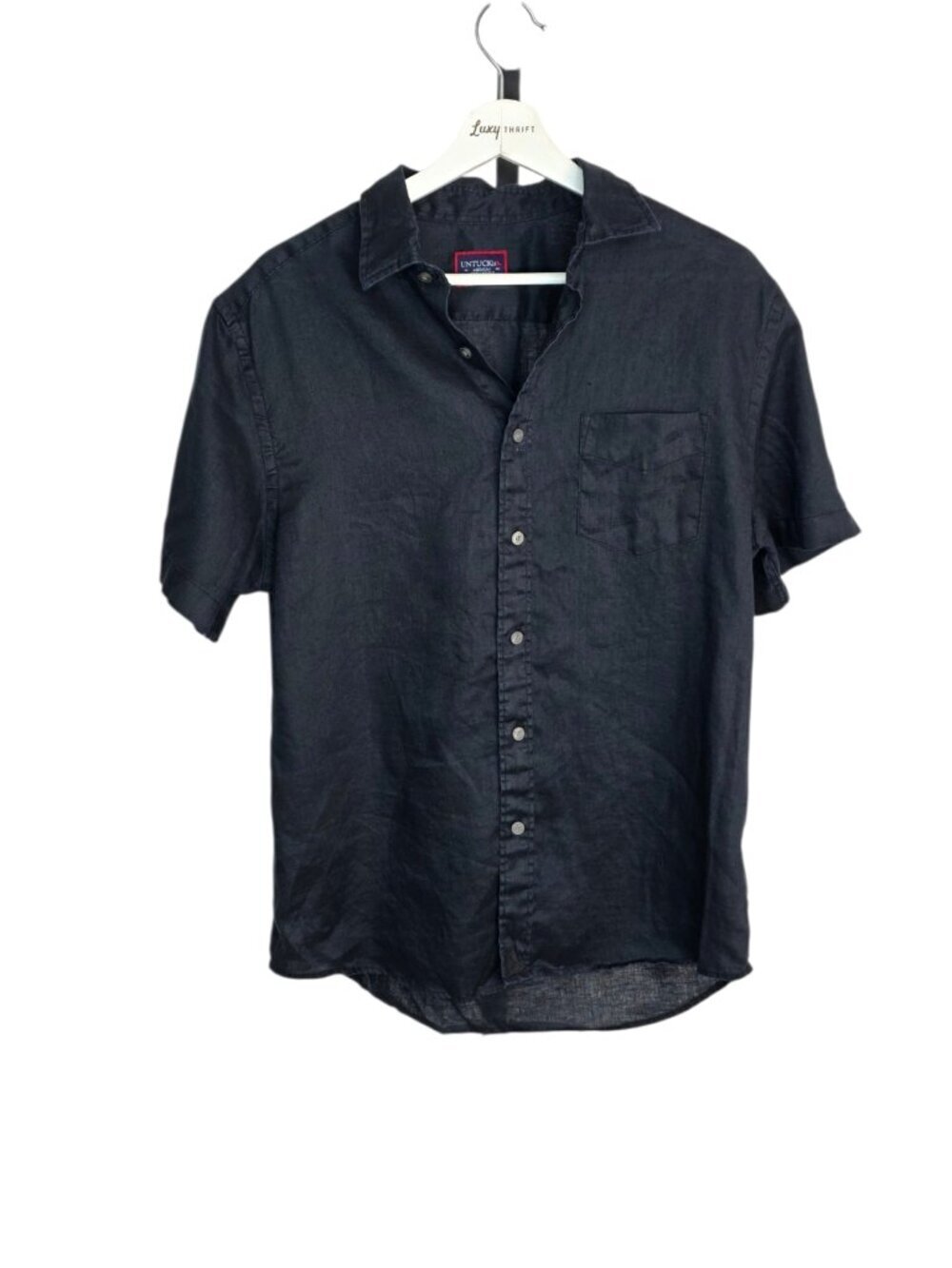 UNTUCKit Men's Short Sleeve 100% Linen Button Up Shirt, Black, Size Medium